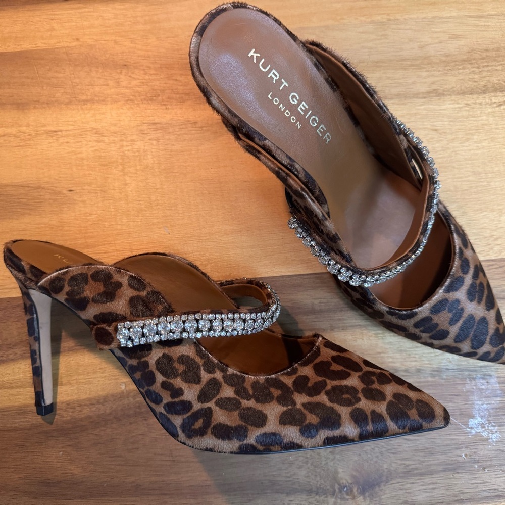 Kurt Geiger Brown Leopard Print Heels with Rhinestone Detail
